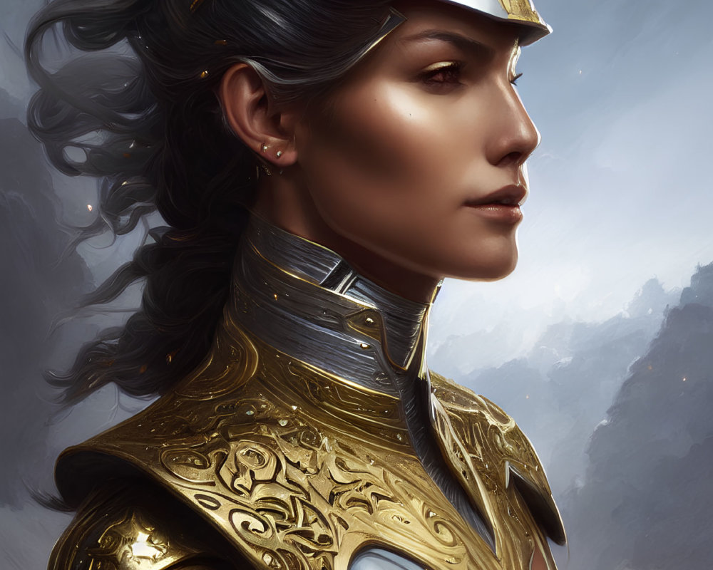 Regal woman in golden armor and helmet against misty mountain backdrop