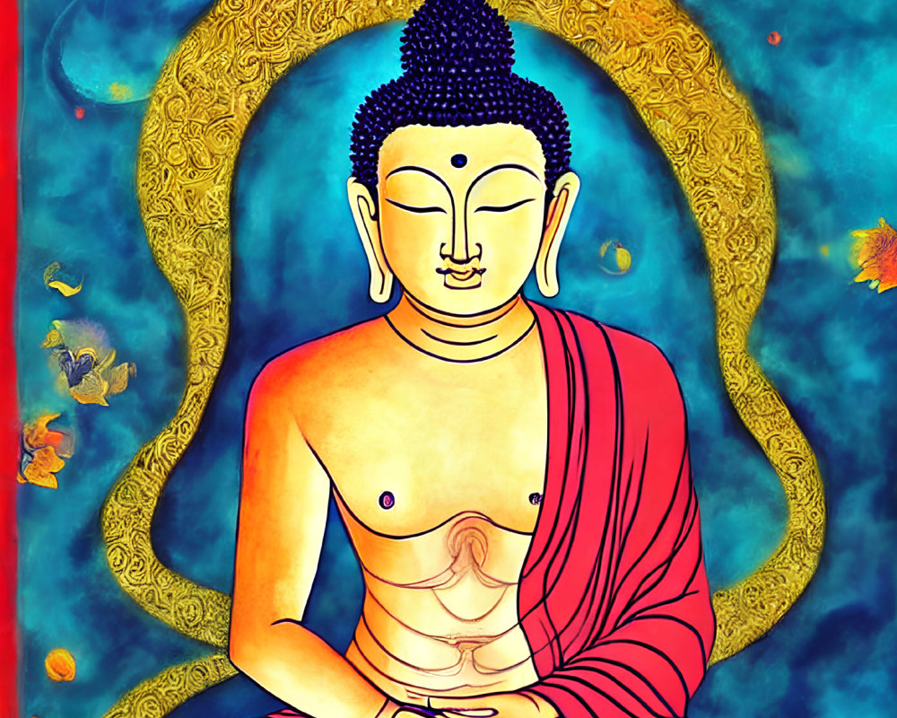 Meditating Buddha in Red Robe with Blue and Gold Aura surrounded by Floating Leaves in Starry