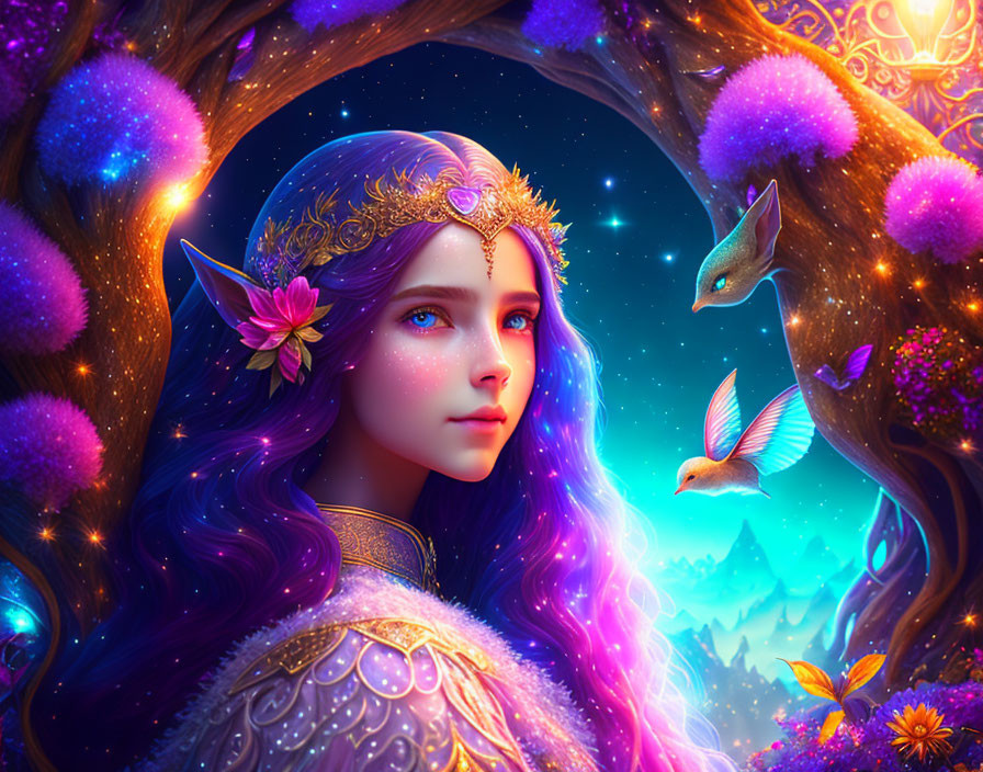 Fantasy illustration of elf with purple hair, golden tiara, magical creatures, vibrant flora, celestial