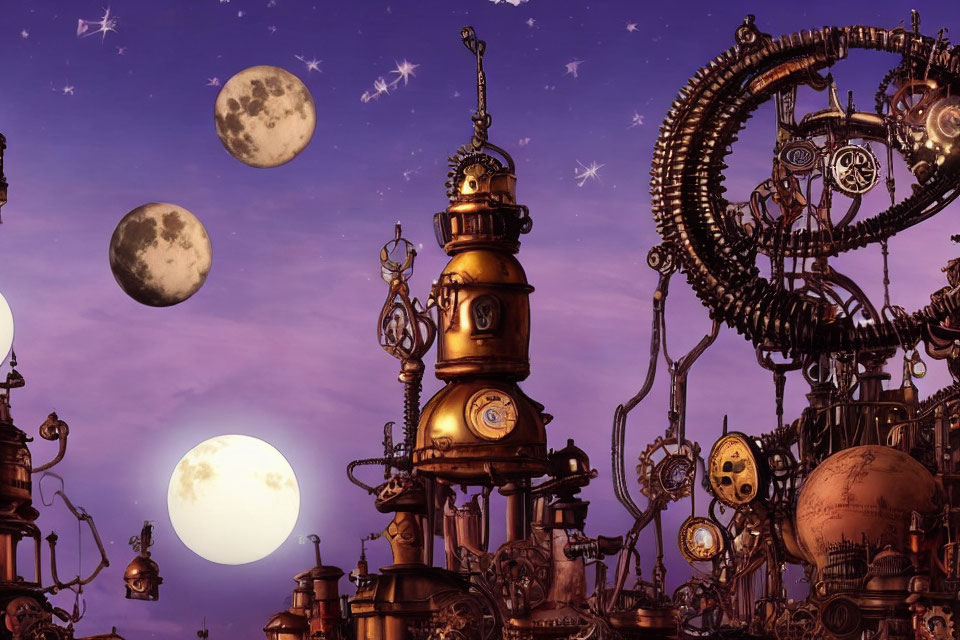 Steampunk cityscape with clock towers and celestial gears at dusk