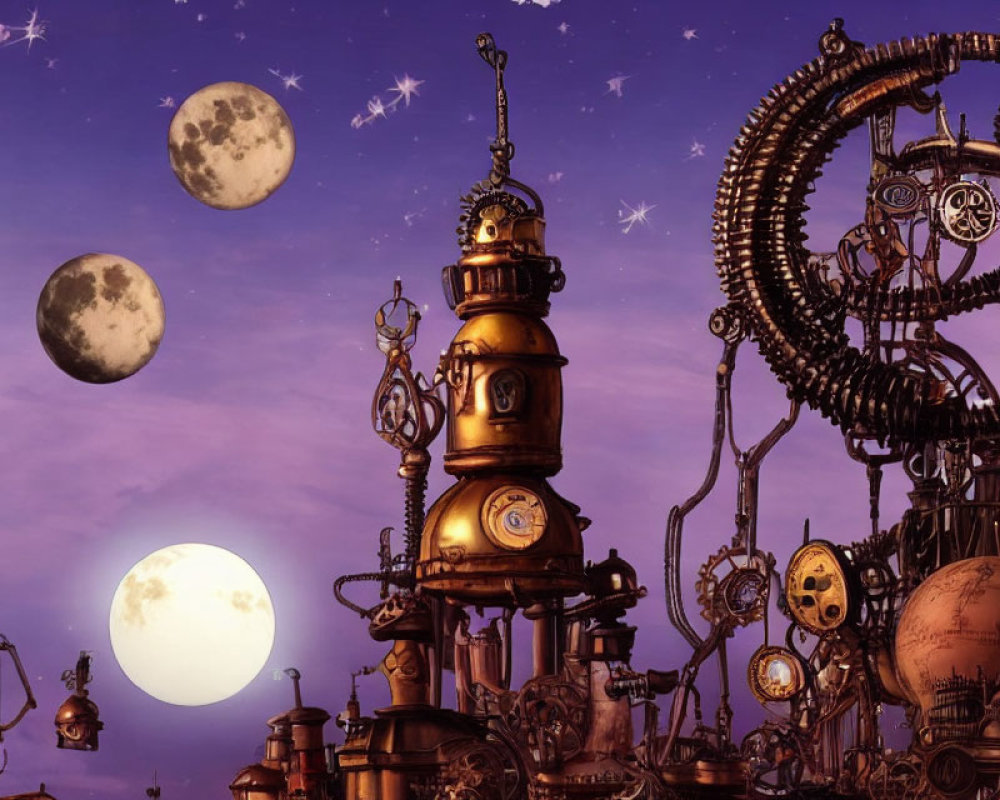 Steampunk cityscape with clock towers and celestial gears at dusk