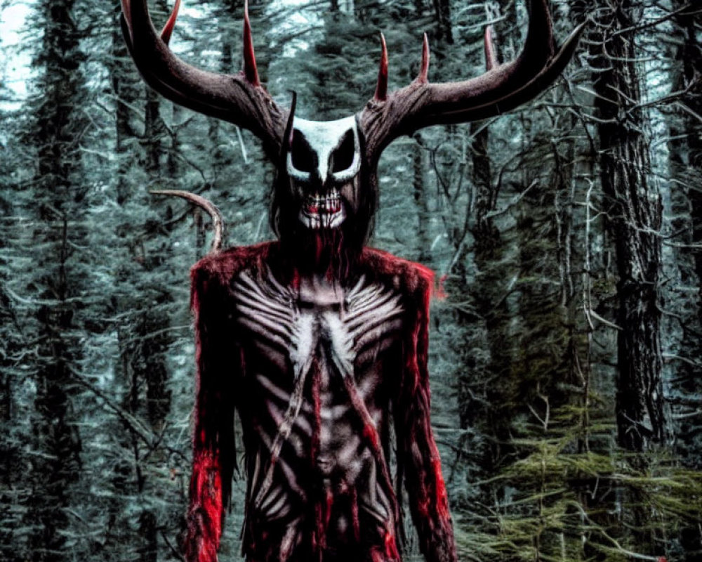 Spooky skeletal figure with antlers in dark forest