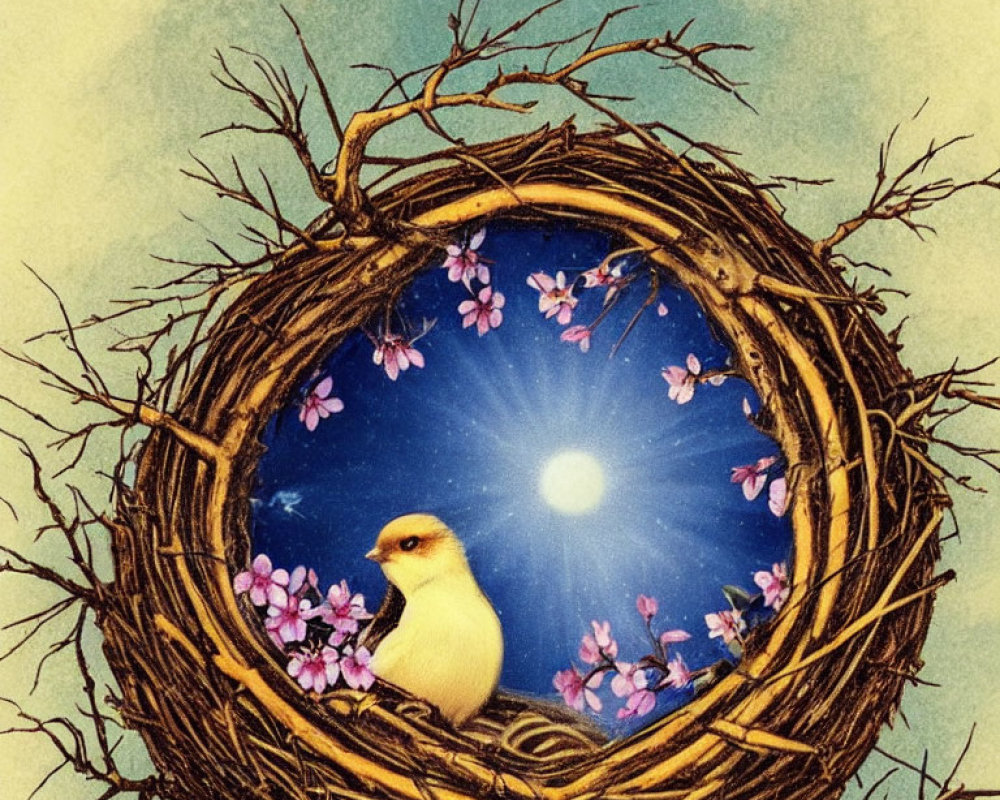 Bird in Nest Surrounded by Branches Under Starry Night Sky and Pink Blossoms