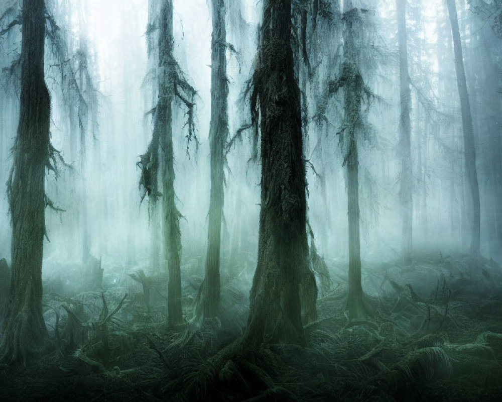 Enveloped Old-Growth Forest with Moss-Covered Trees