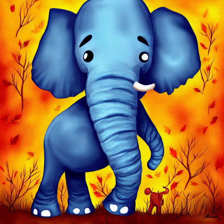 Vibrant illustration: large blue elephant, small red dog, autumn leaves on orange background