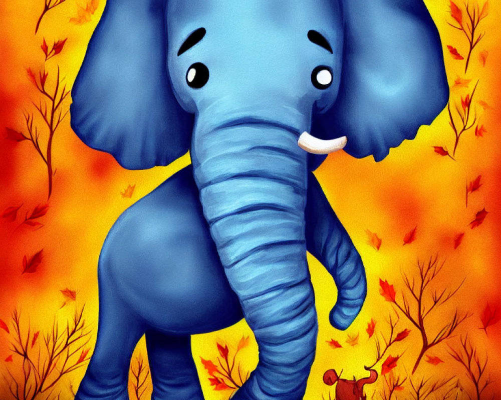 Vibrant illustration: large blue elephant, small red dog, autumn leaves on orange background