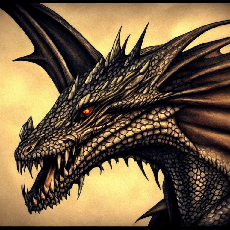 Detailed illustration of a fierce dragon with scales, large teeth, and a single red eye.