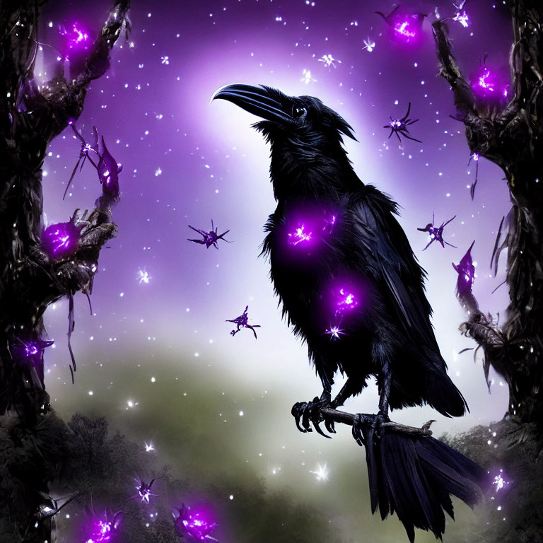 Majestic raven in enchanted forest with purple stars and fairies