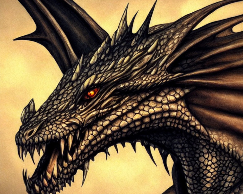 Detailed illustration of a fierce dragon with scales, large teeth, and a single red eye.