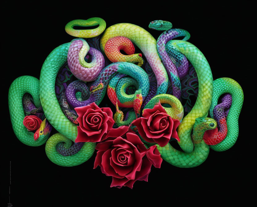 Colorful Snakes and Red Roses on Black Background Artwork