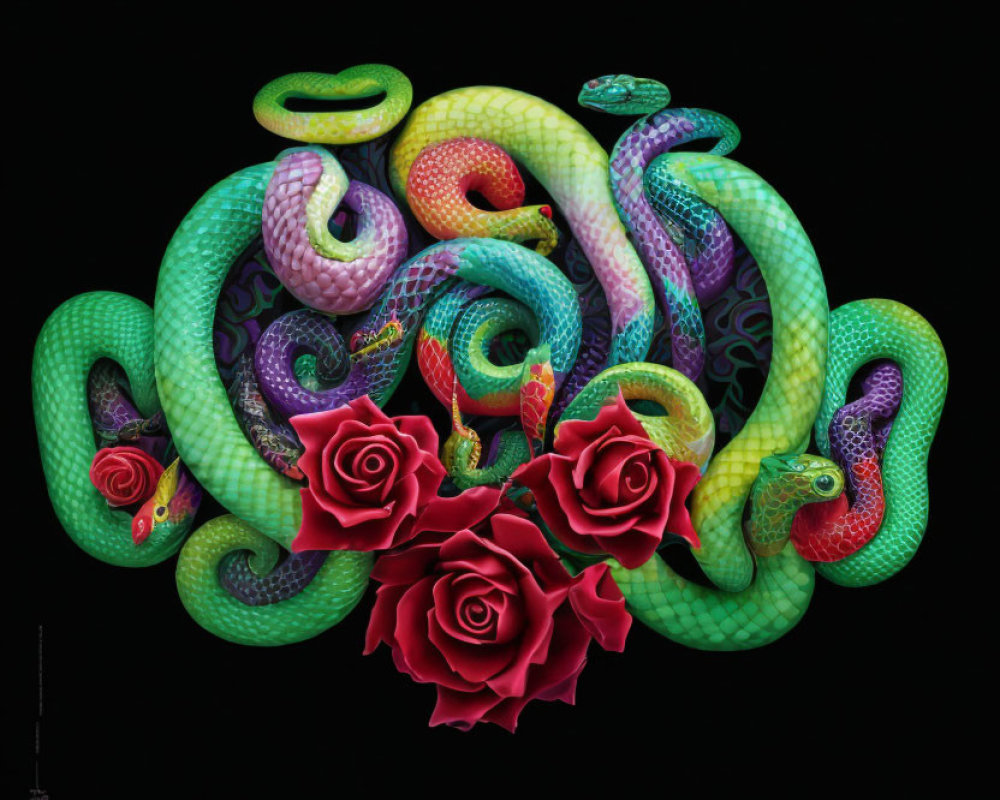 Colorful Snakes and Red Roses on Black Background Artwork