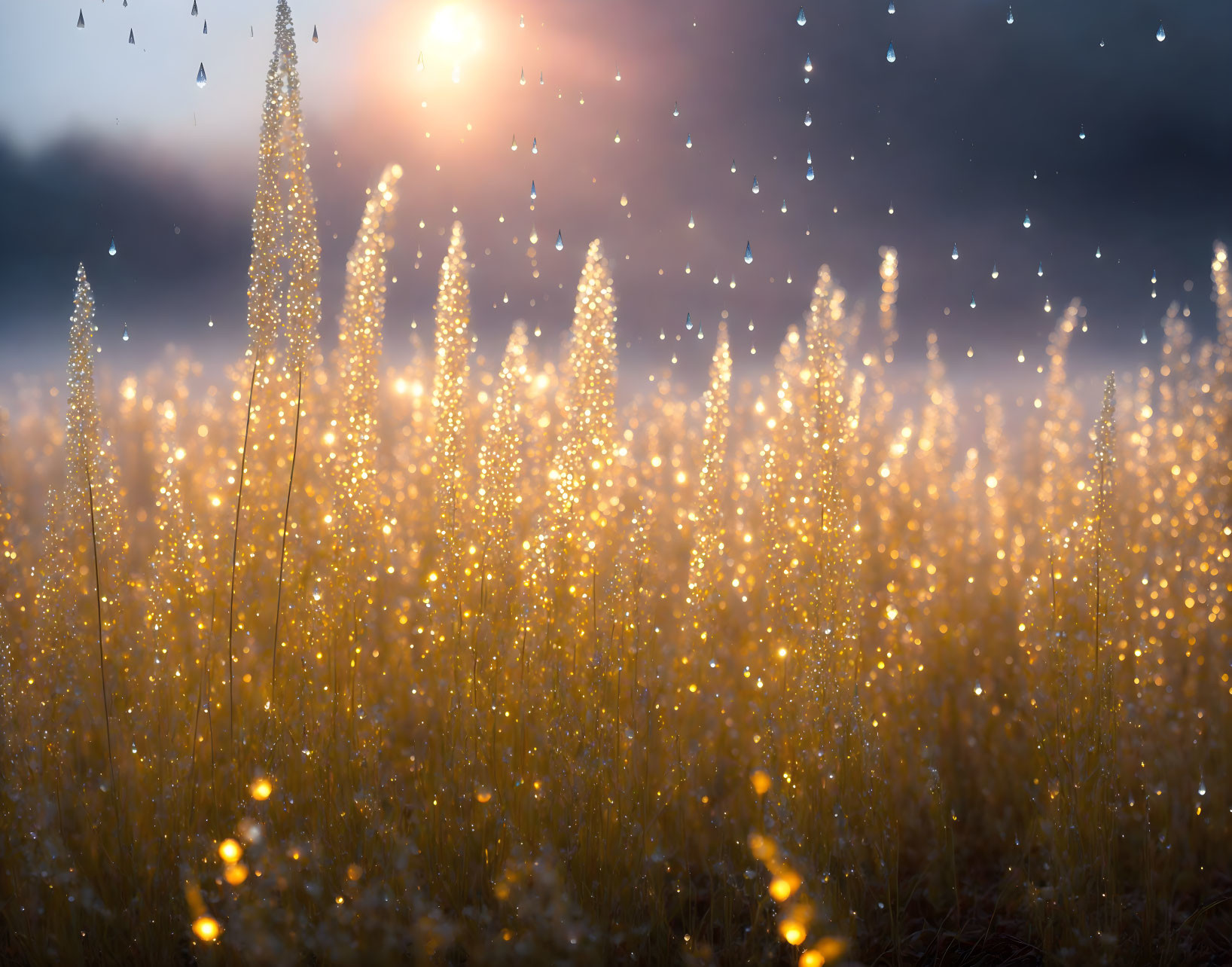 Majestic sunset scene in glowing field with tall grass