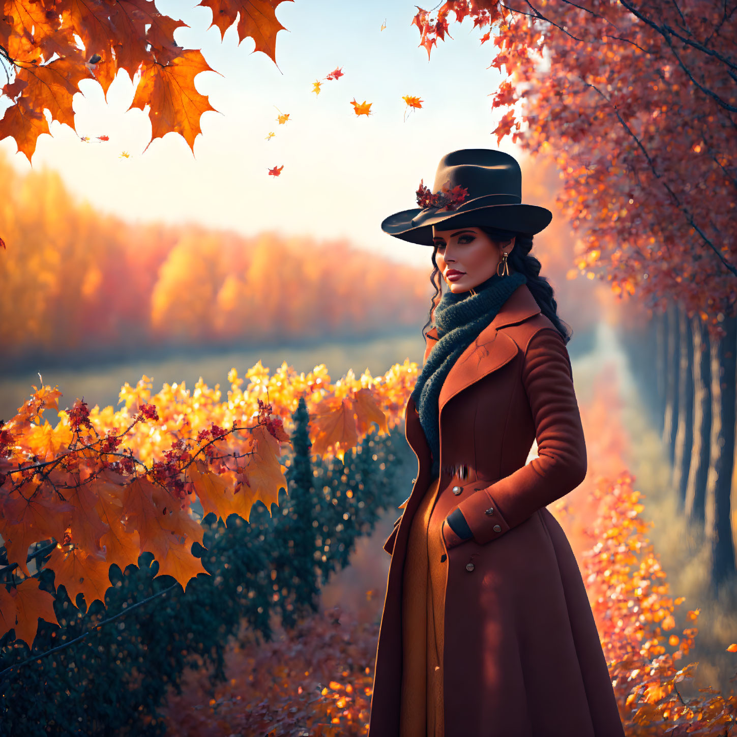 Stylish woman in brown coat and hat surrounded by autumn foliage