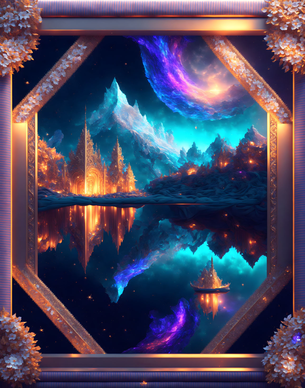 Colorful fantasy landscape with forest, lake, mountains, and galaxy in decorative frame