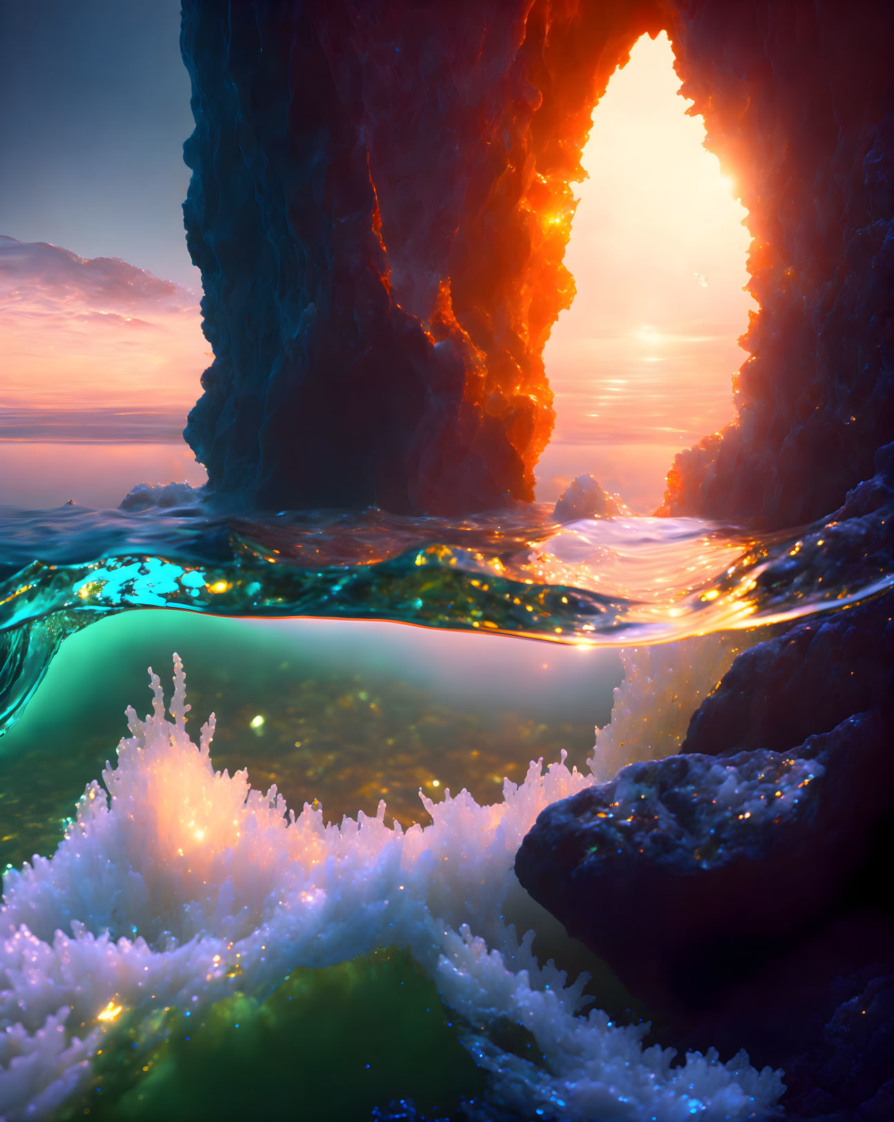 Sunset Seascape: Ocean Waves and Illuminated Archway at Rocky Formations