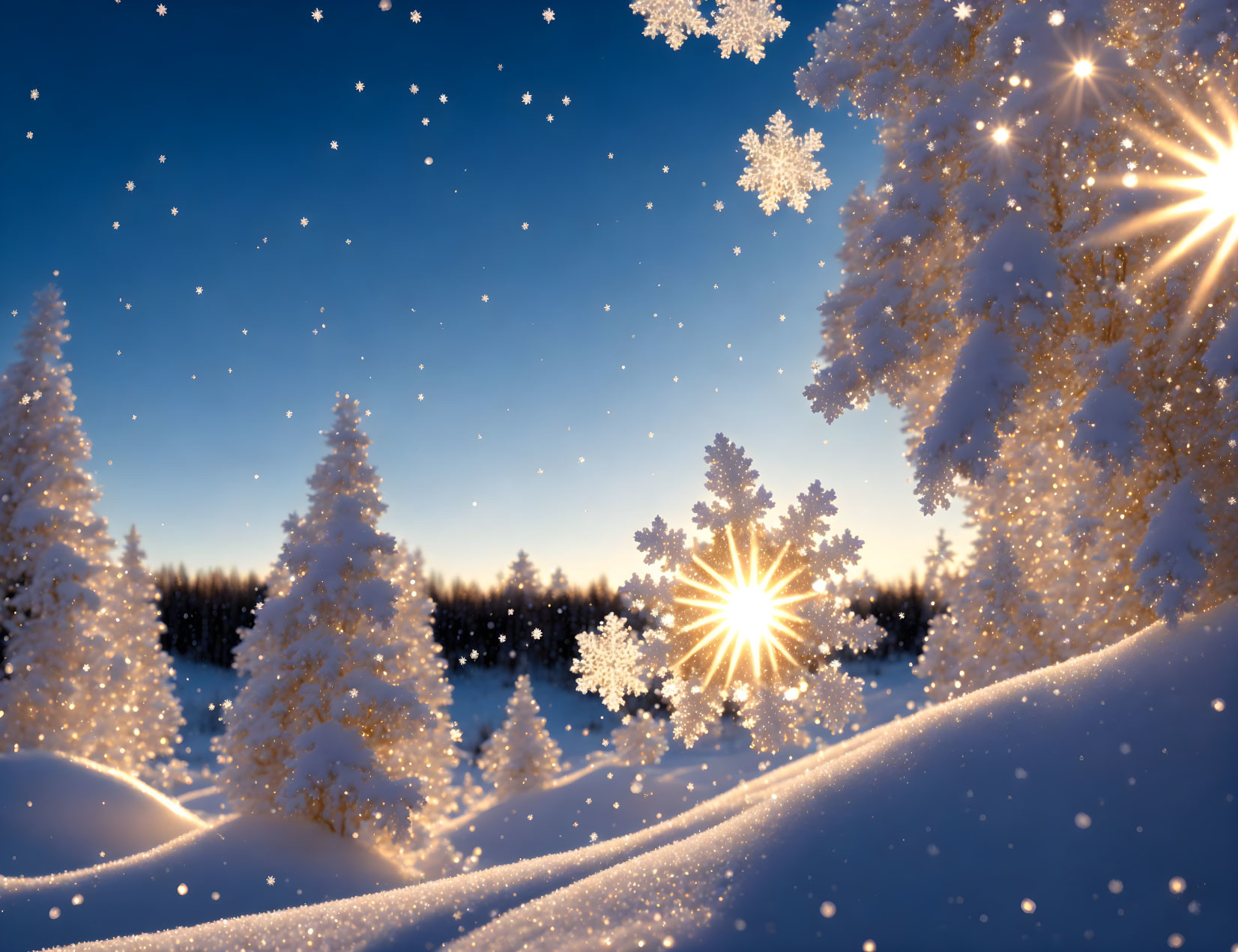 Winter landscape with snowflakes, pine trees, and sunbeams at dusk