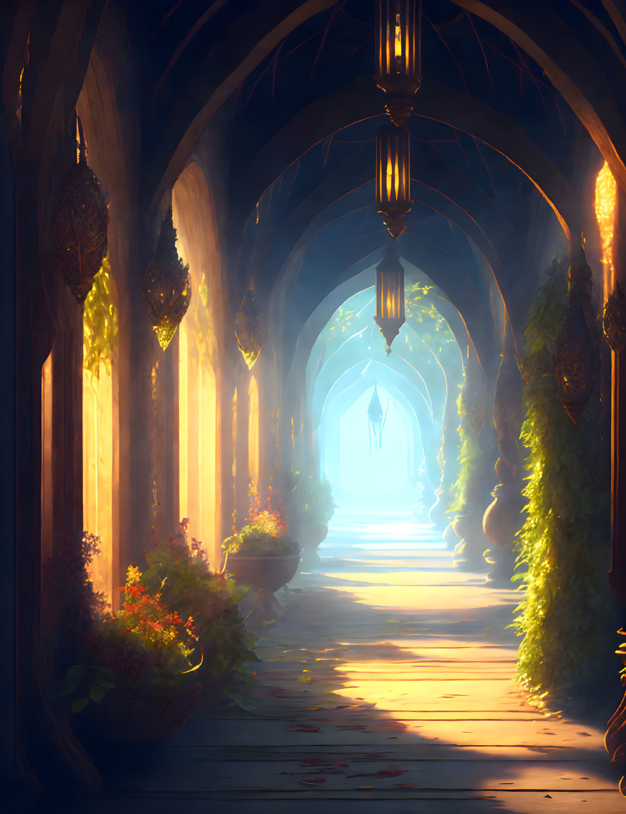 Sunlit arched corridor with lanterns and plants on stone pathway