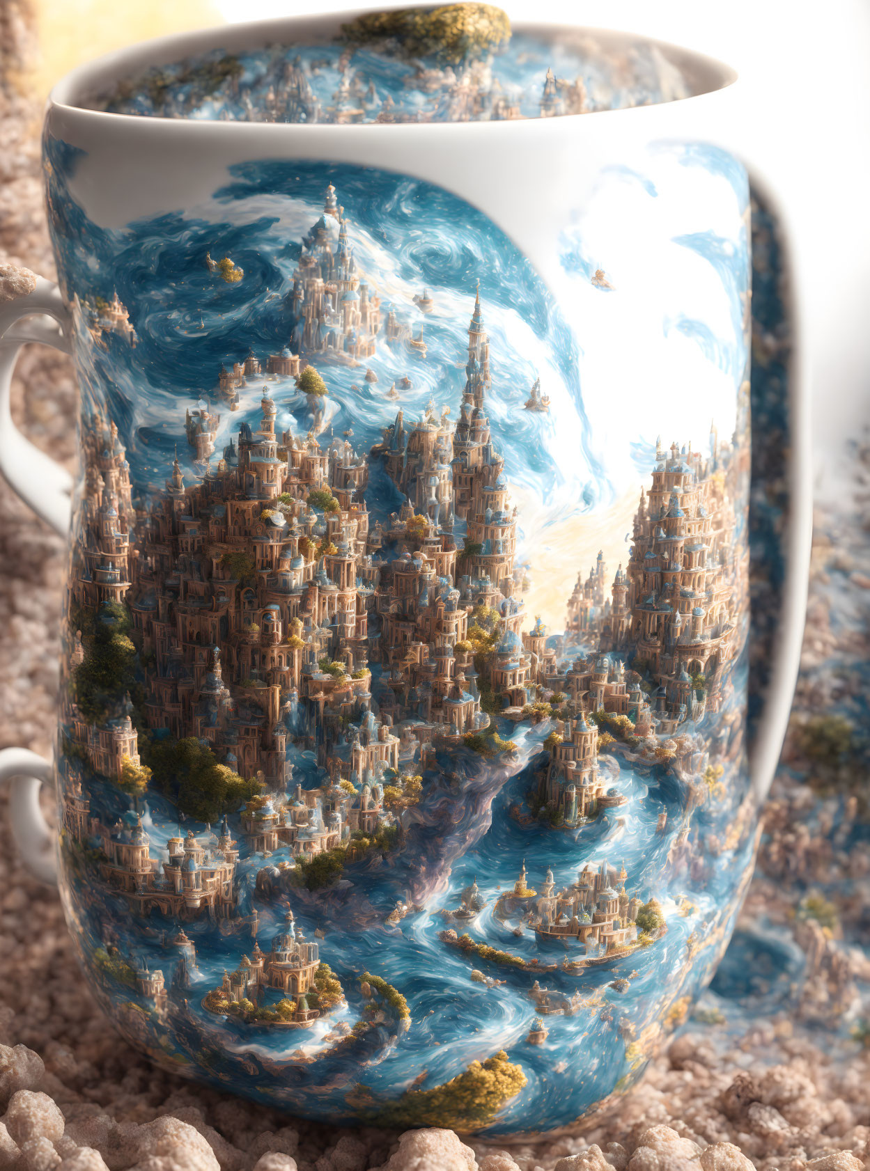 Detailed Fantasy Cityscape Design on Artistic Mug