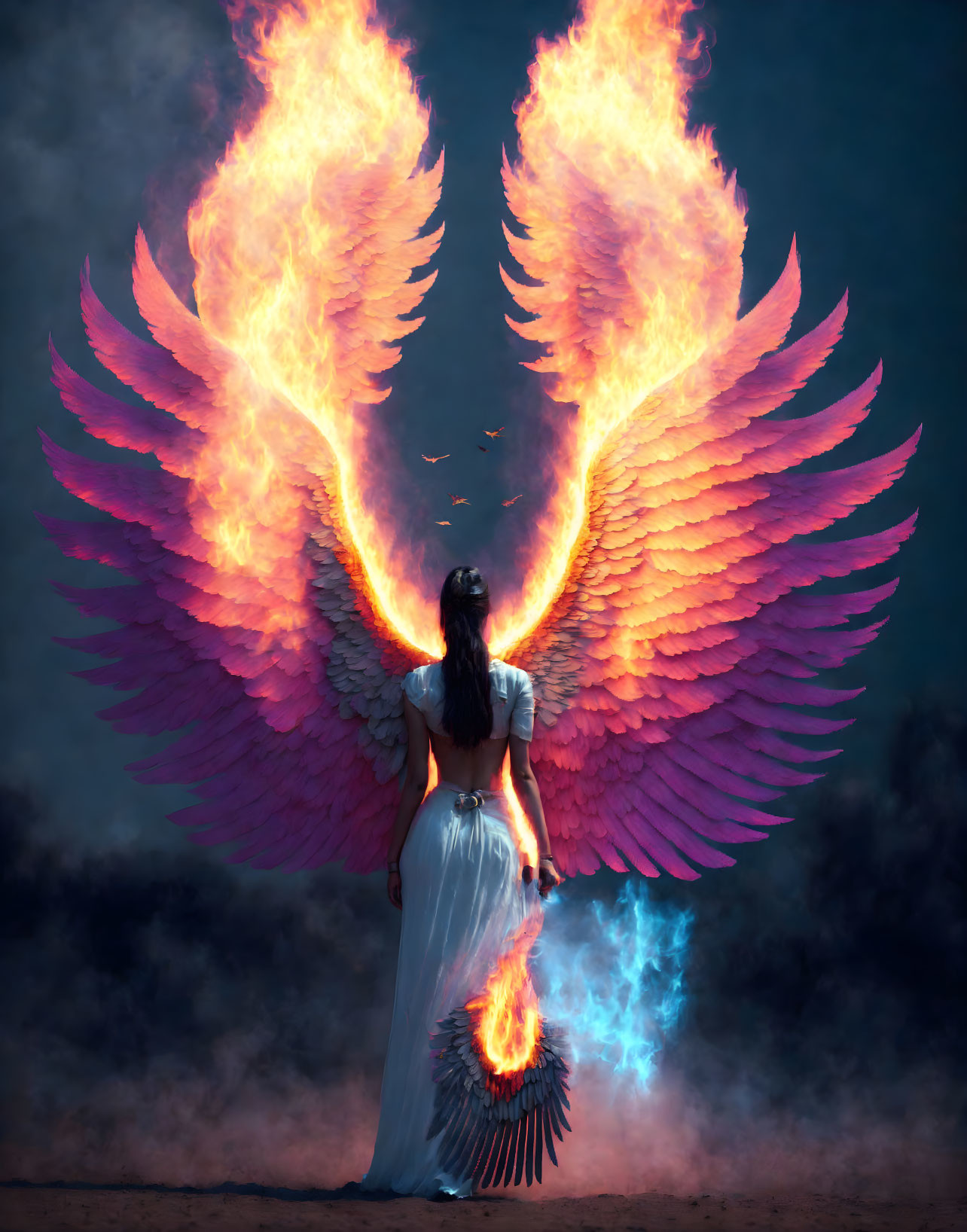 Person with fiery phoenix wings against dark blue background