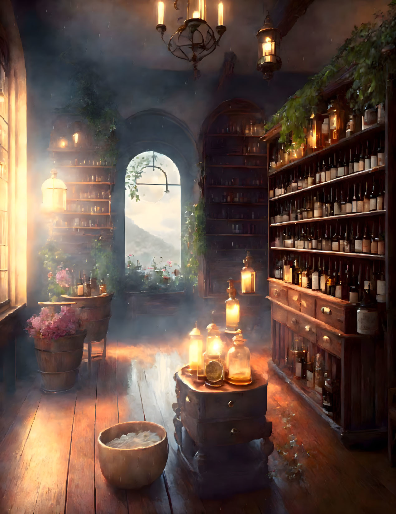 Warmly lit room with books, lanterns, bottles, window view, wooden floor, and flowers