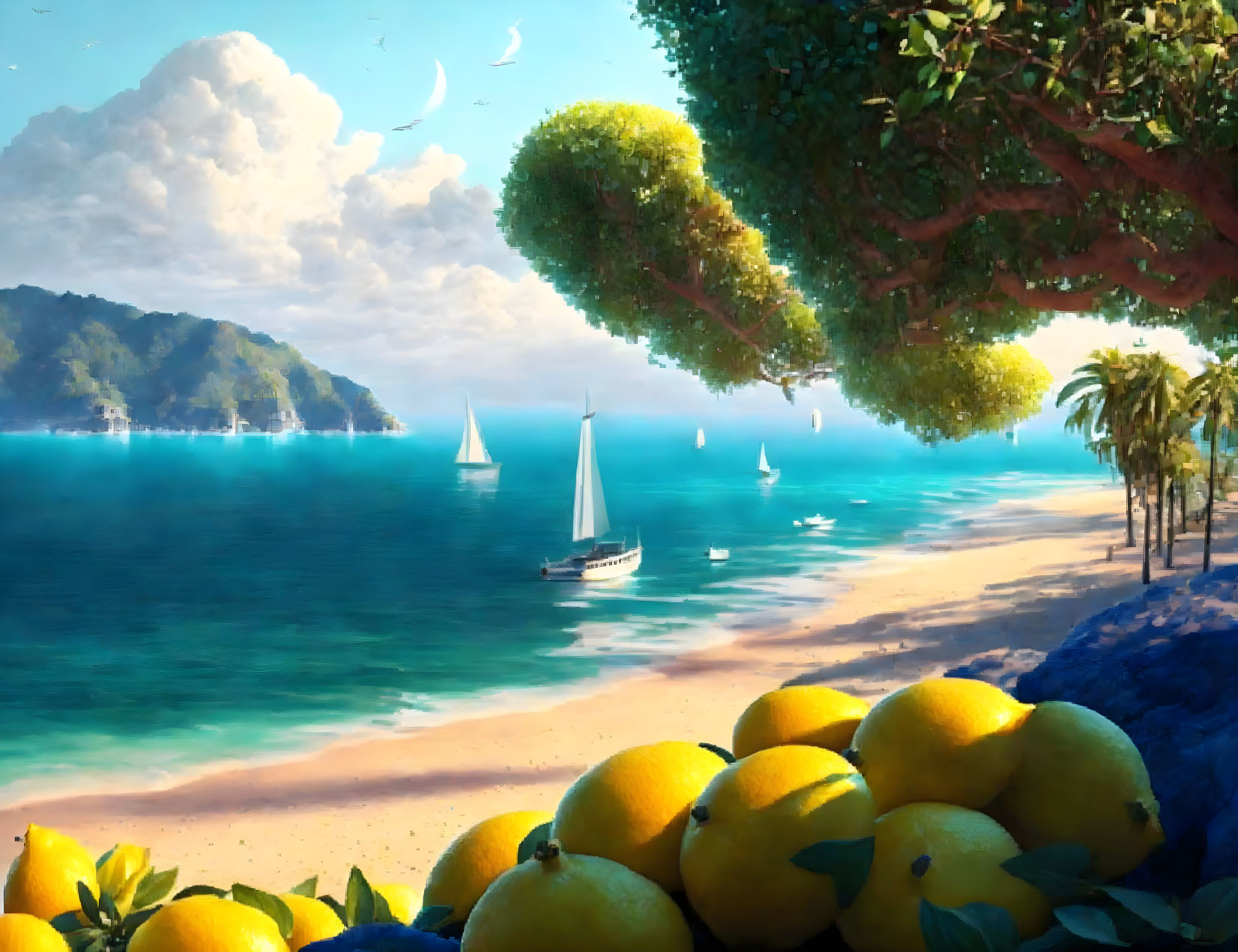 Sailboats on clear blue water with lemons, green foliage, and distant hills