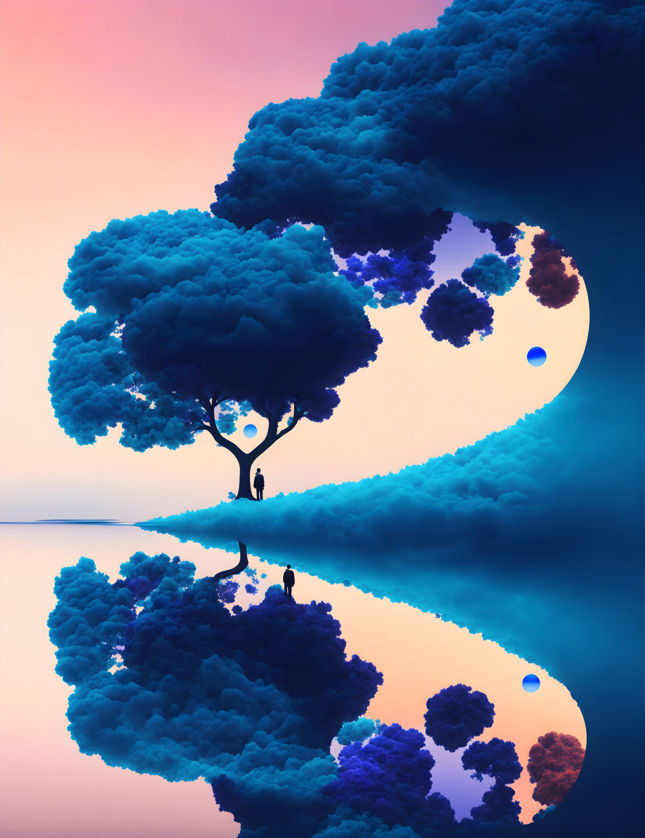 Vibrant surreal landscape with tree and yin-yang symbol in pink and blue hues