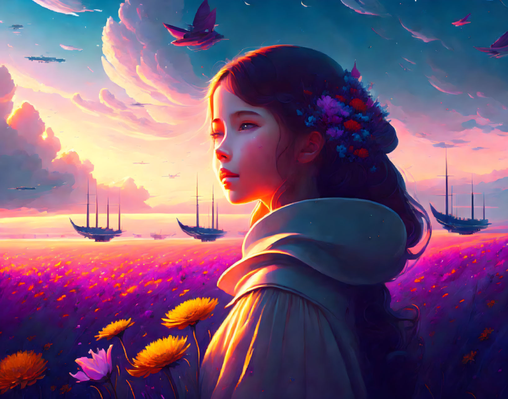 Girl with Flowers in Hair Watching Sunset over Sea with Sailing Ships and Birds in Vibrant Purple Field