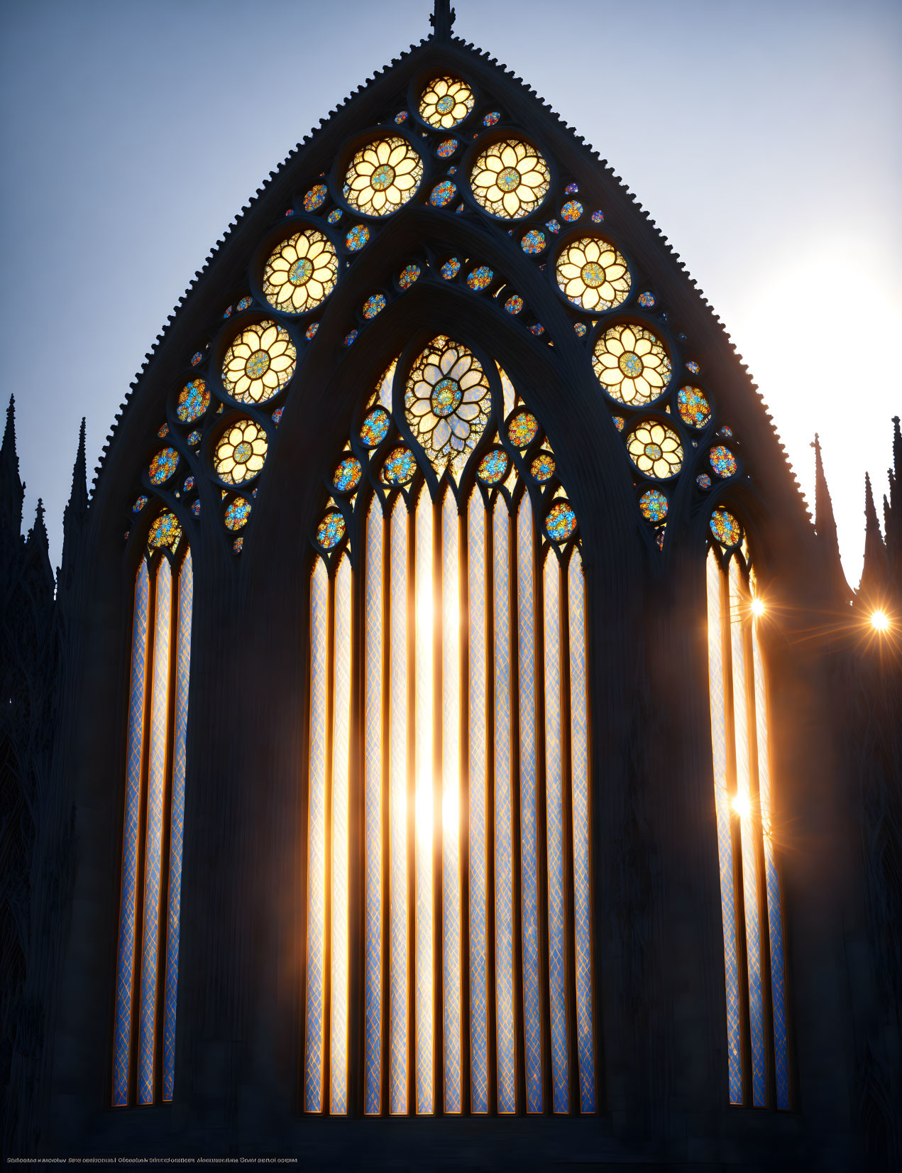 Gothic Cathedral Rose Window and Pointed Arches with Sunlit Stained Glass