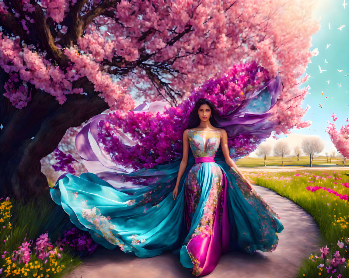 Woman in flowy dress under cherry blossom tree in lush field.