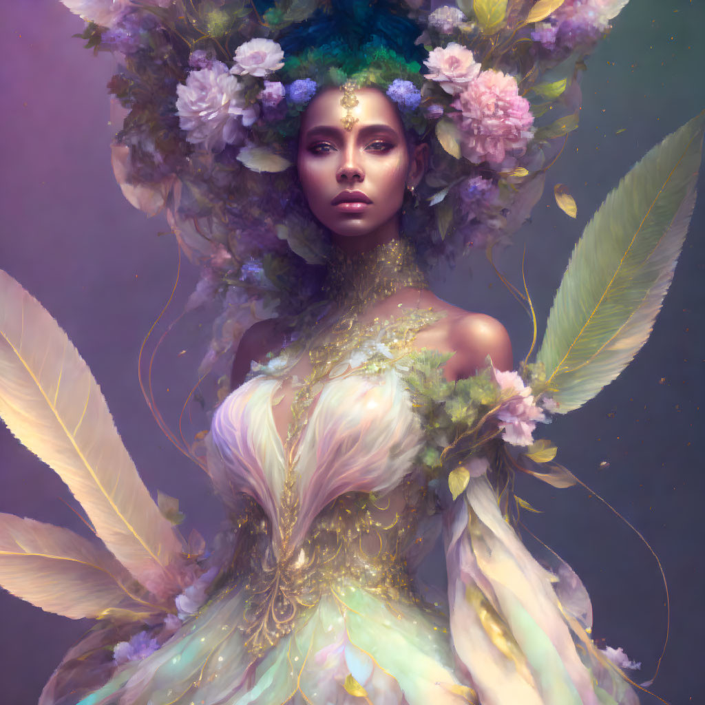 Ethereal woman in floral and feather headdress with golden jewelry