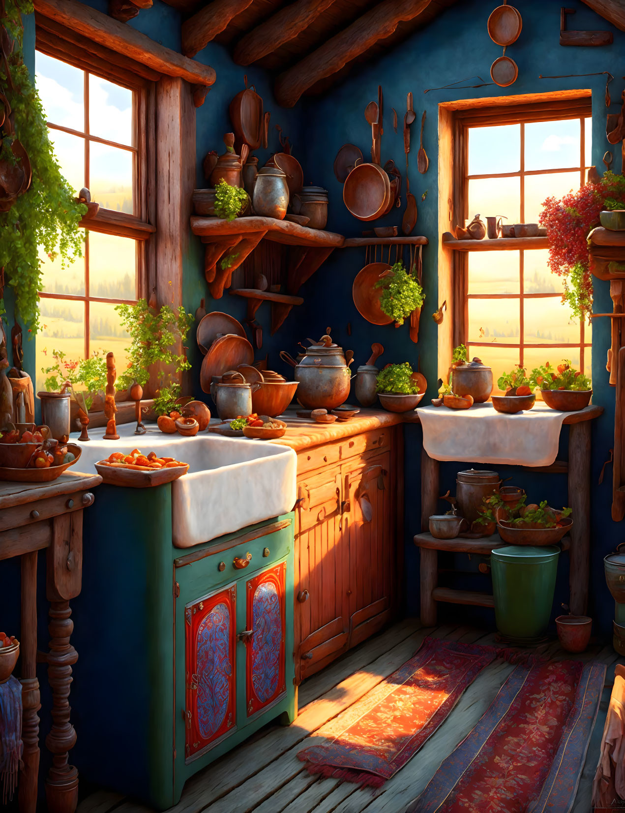 Rustic kitchen with wooden furniture, copper pots, ceramic dishes, plants, and colorful rug