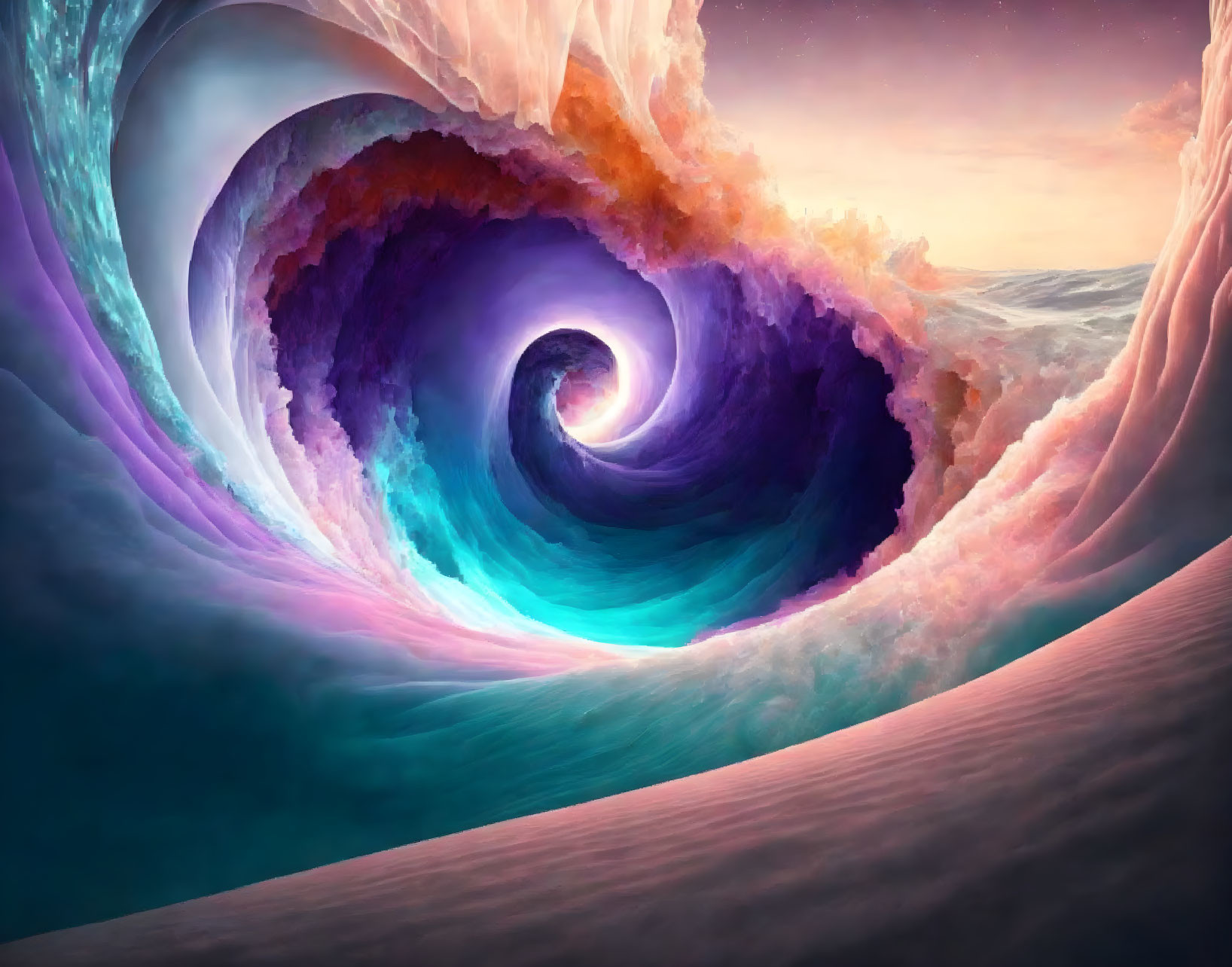 Colorful surreal vortex with wave-like structure in tranquil sky.