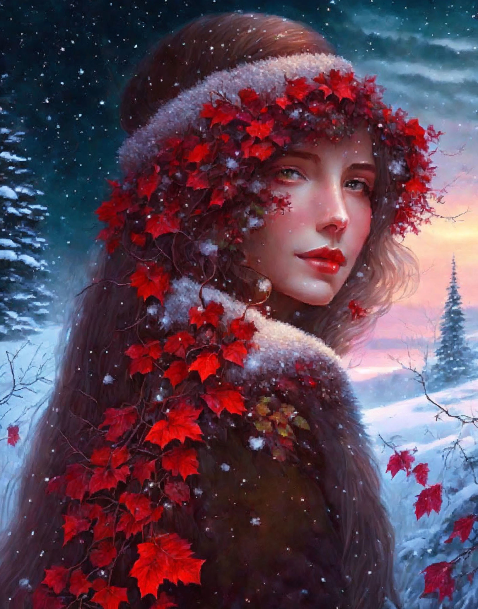 Woman with Red Leaves in Hair Stands in Snowy Twilight