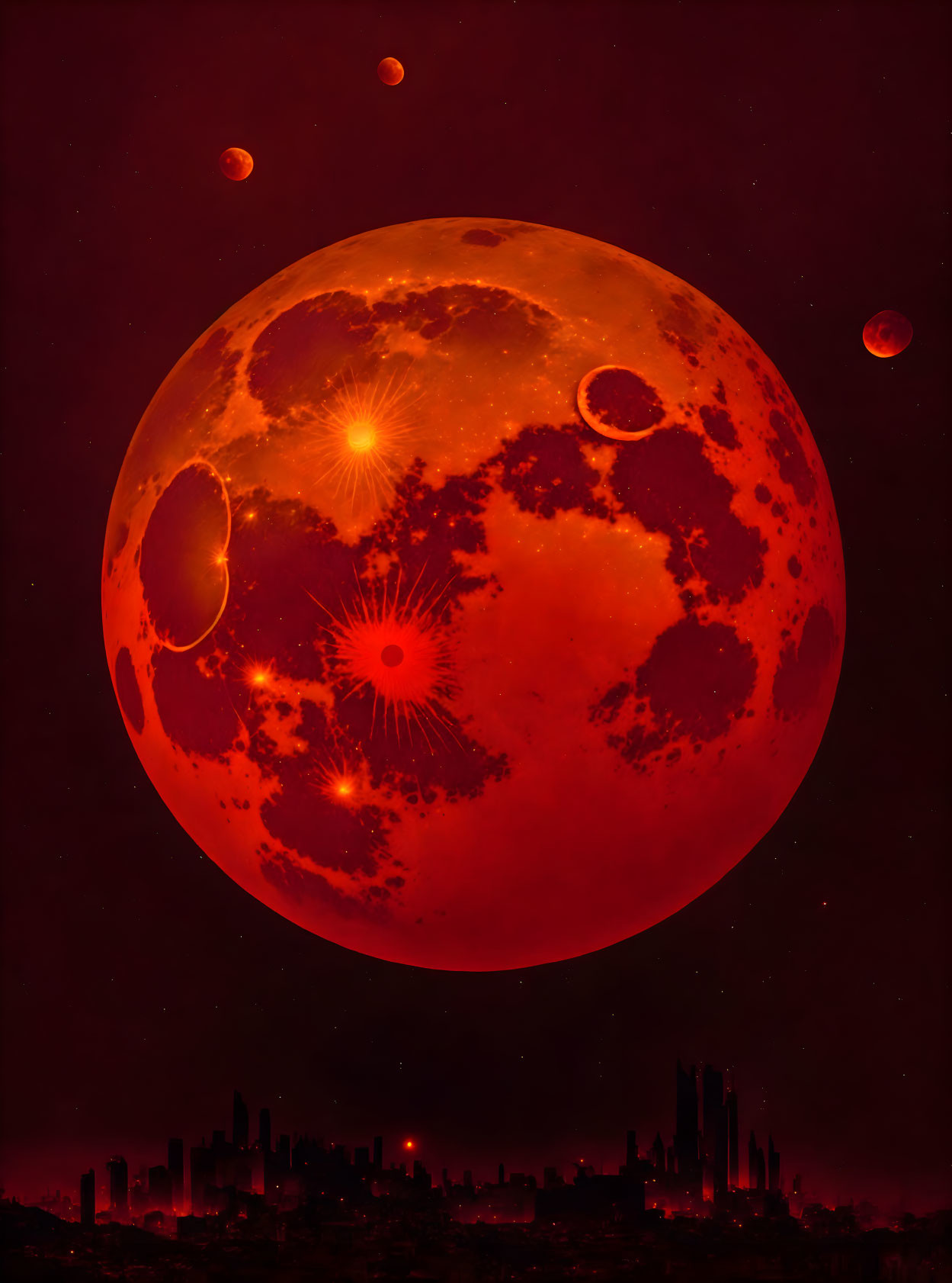 City skyline silhouetted against massive red moon with glowing patterns