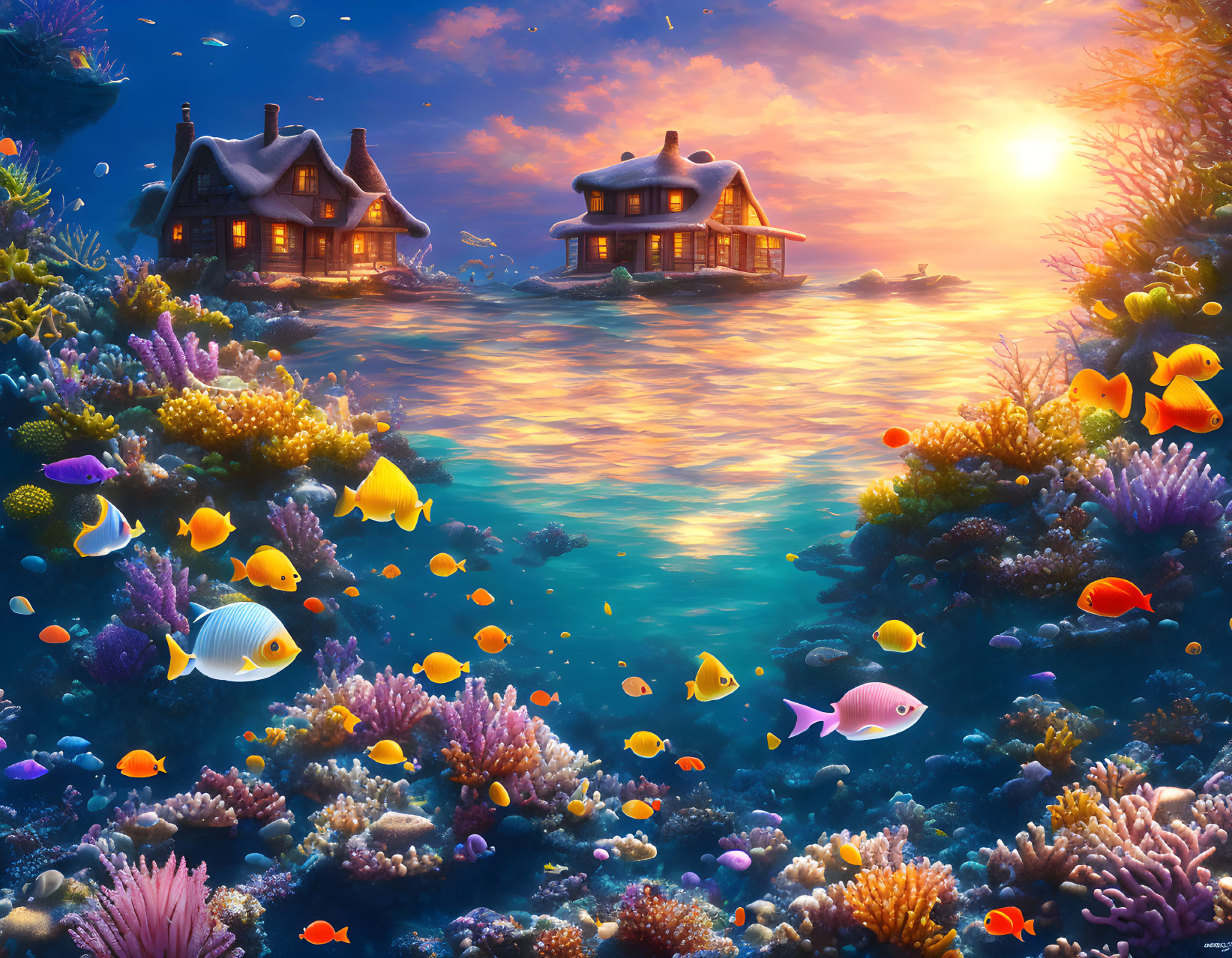 Colorful Fish and Coral in Vibrant Underwater Scene with Houses and Sunset Sky Reflection