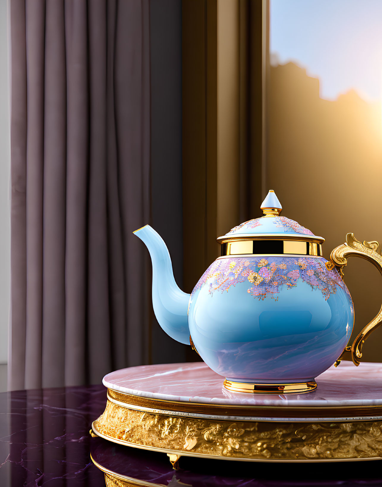 Blue Porcelain Teapot with Floral Patterns and Gold Accents on Marble Table