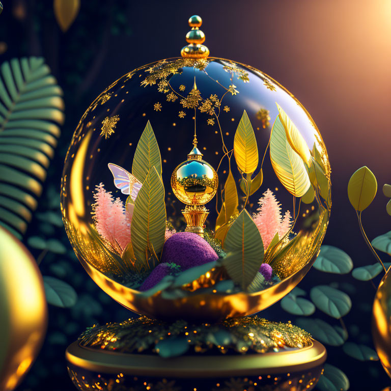 Golden Ornate Terrarium with Lush Flora and Reflective Spheres in Twilight Jungle