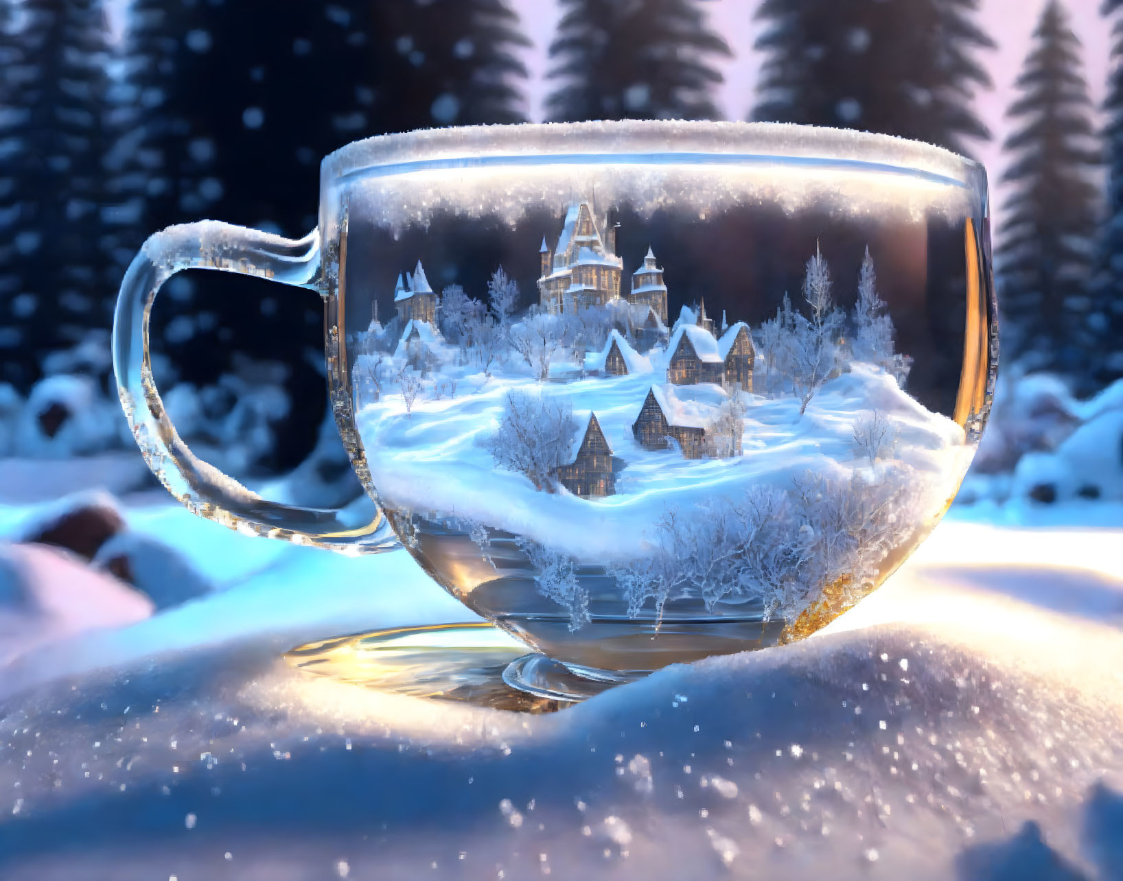 Transparent Cup with Snowy Village Scene and Trees in Wintry Forest