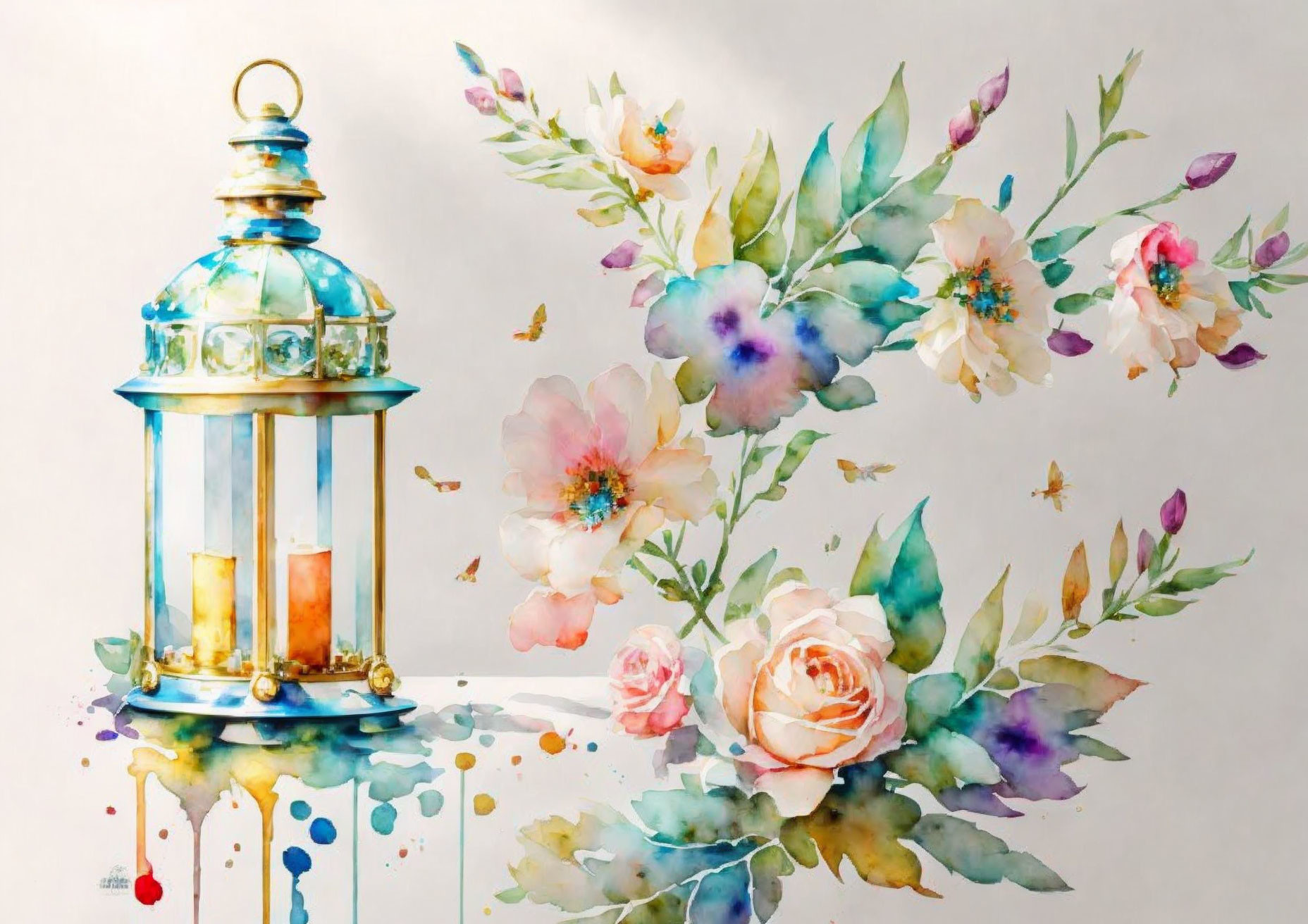 Blue Lantern Surrounded by Vibrant Flowers in Watercolor