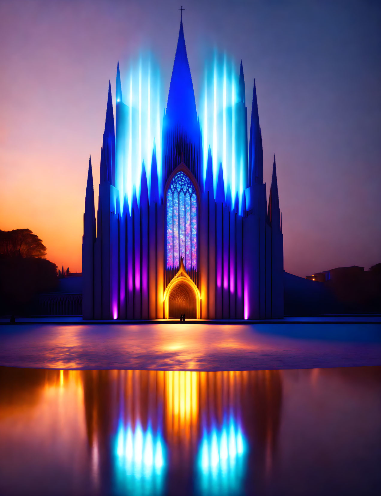 Twilight cathedral with blue spires reflected in water