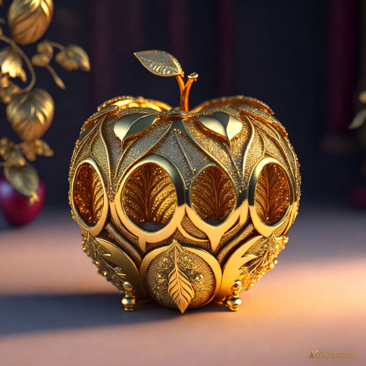 Intricate Golden Apple with Glowing Interior on Dark Background