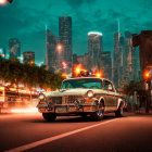 Classic Car Parked on City Street at Night with Illuminated Skyscrapers