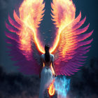 Person with fiery phoenix wings against dark blue background