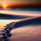 Tranquil beach scene: sunset, gentle waves, footprints in sand