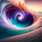 Colorful surreal vortex with wave-like structure in tranquil sky.