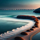 Tranquil Twilight Coastal Scene with Sea, Shore, Bushes, and Cliffs