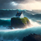 Cliffside house in stormy weather with ocean waves