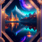 Colorful fantasy landscape with forest, lake, mountains, and galaxy in decorative frame