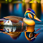 Vibrant mandarin duck on calm water with mirrored plumage