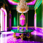 Luxurious Room with Green Marble Table, Purple Floor, Grand Chandelier, and Arched Windows